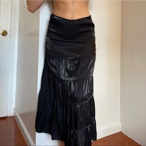 Black shiny tiered maxi skirt